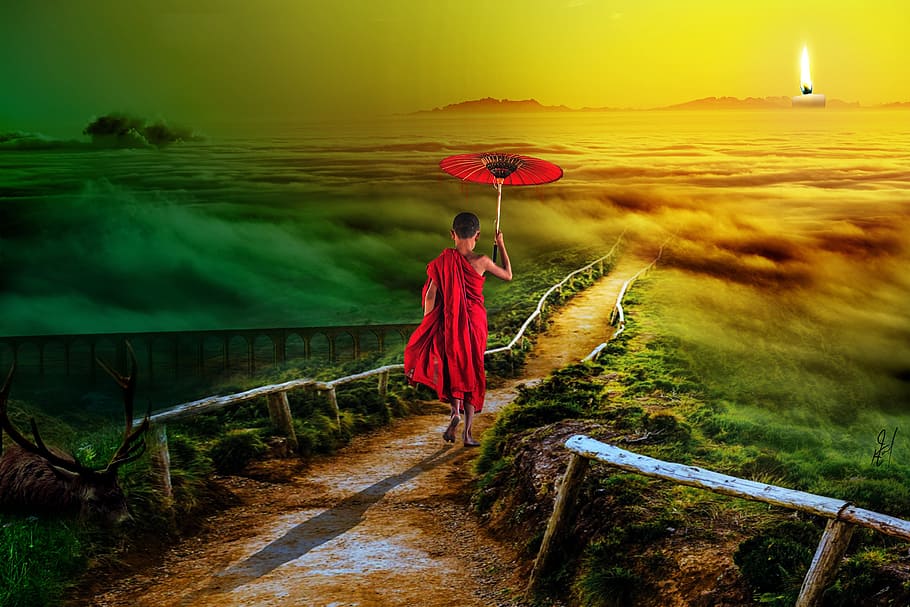 painting of a person walking on pathway using umbrella, light HD wallpaper