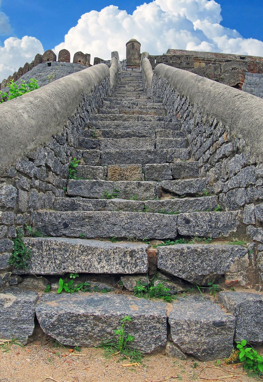 gray stone stair, ancient, stairs, staircase, fortress, india, HD wallpaper
