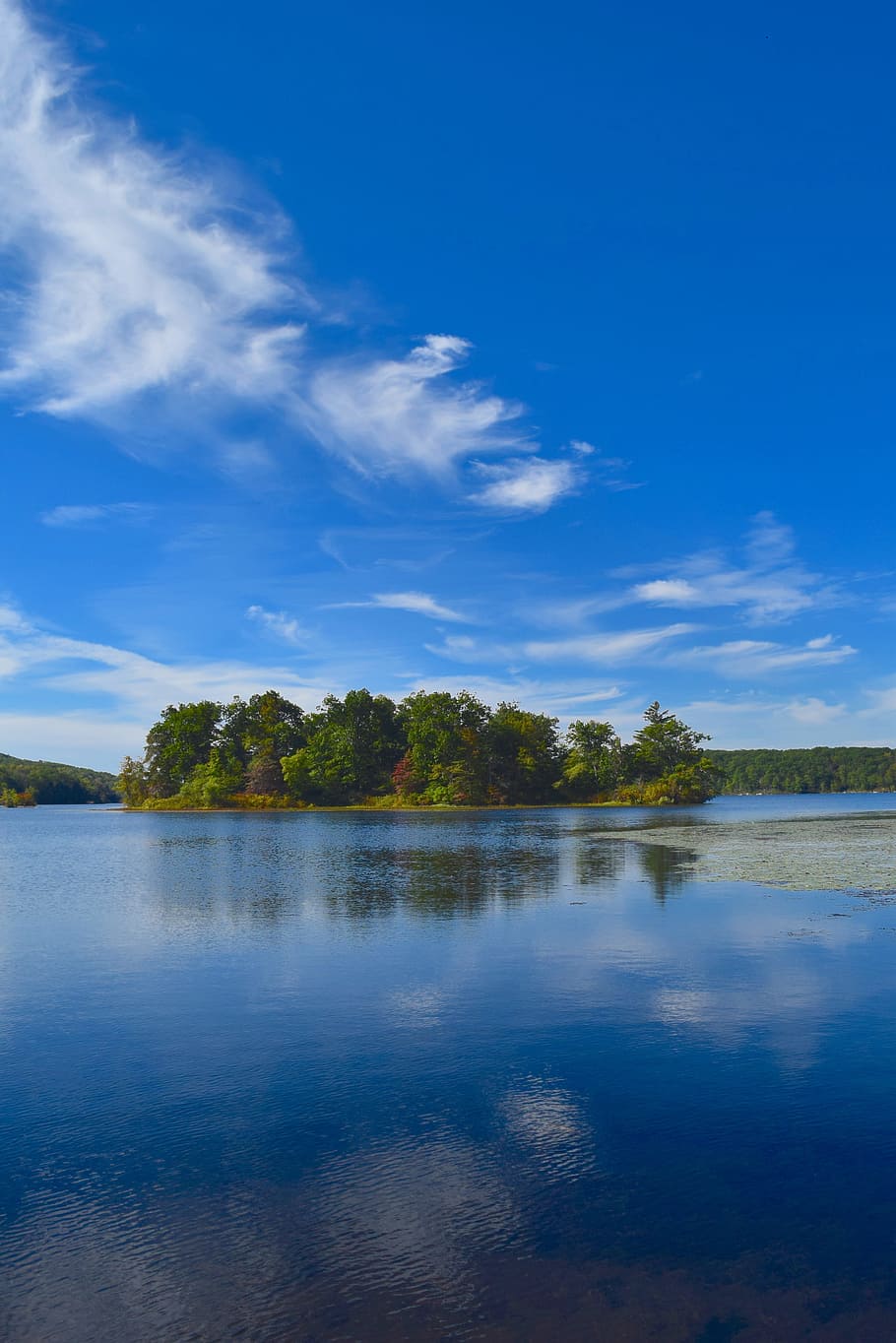 lake, island, water, reflection, sky, clouds, blue, landscape HD wallpaper