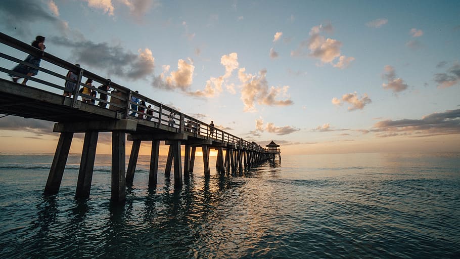Pier on Sea Against Cloudy Sky, beach, clouds, dawn, dock, dusk HD wallpaper