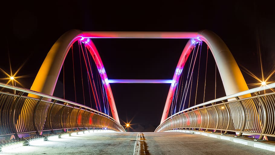 bridge, architecture, lights, night, evening, illuminated, long exposure HD wallpaper