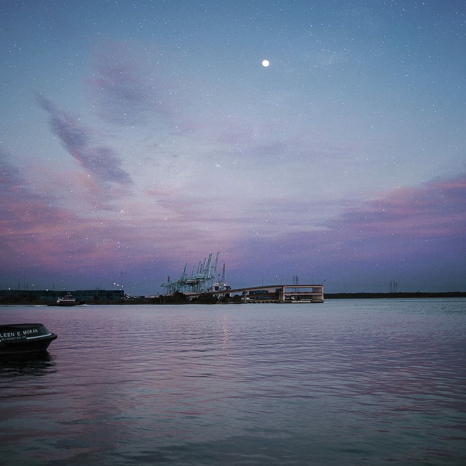 dock and ocean water, calm body of water during nighttime \, boat HD wallpaper