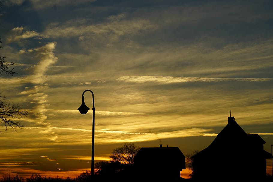 abendstimmung, sunset, lamp, lantern, winter mood, cold, frosty HD wallpaper