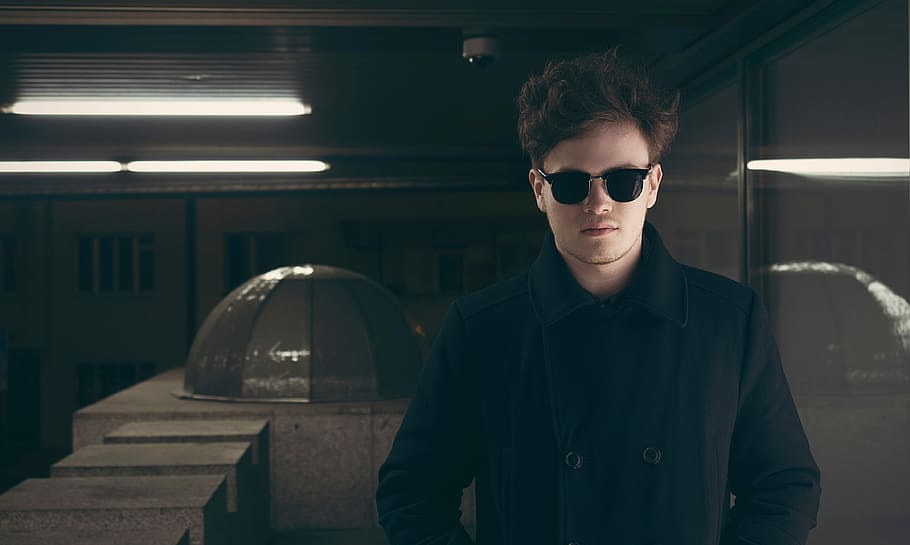 man wearing peacoat and sunglasses, men, one Person, people, males