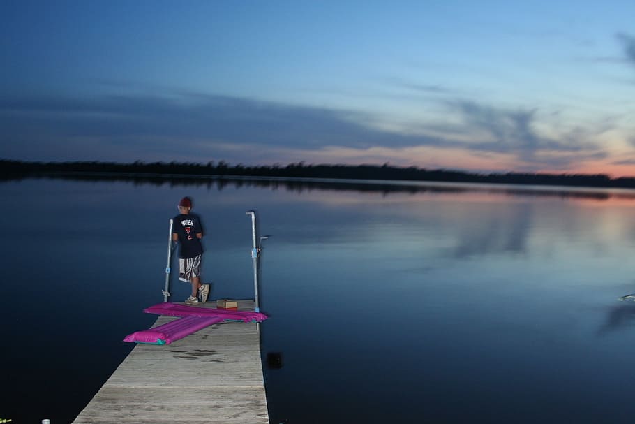 boy, pier, evening, lake, dock, water, nature, landscape, summer HD wallpaper