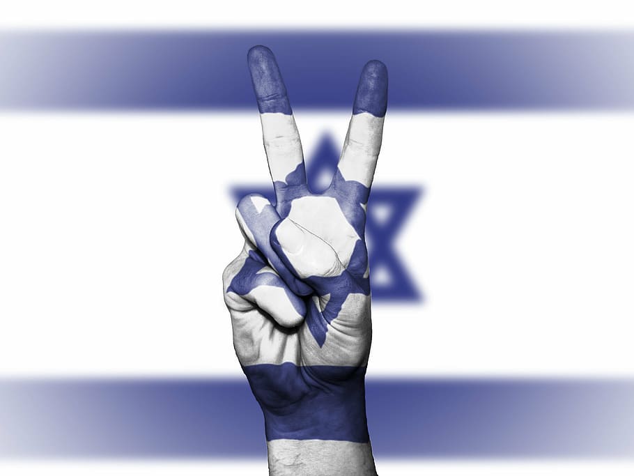 white and blue flag with peace sign, israel, hand, nation, background