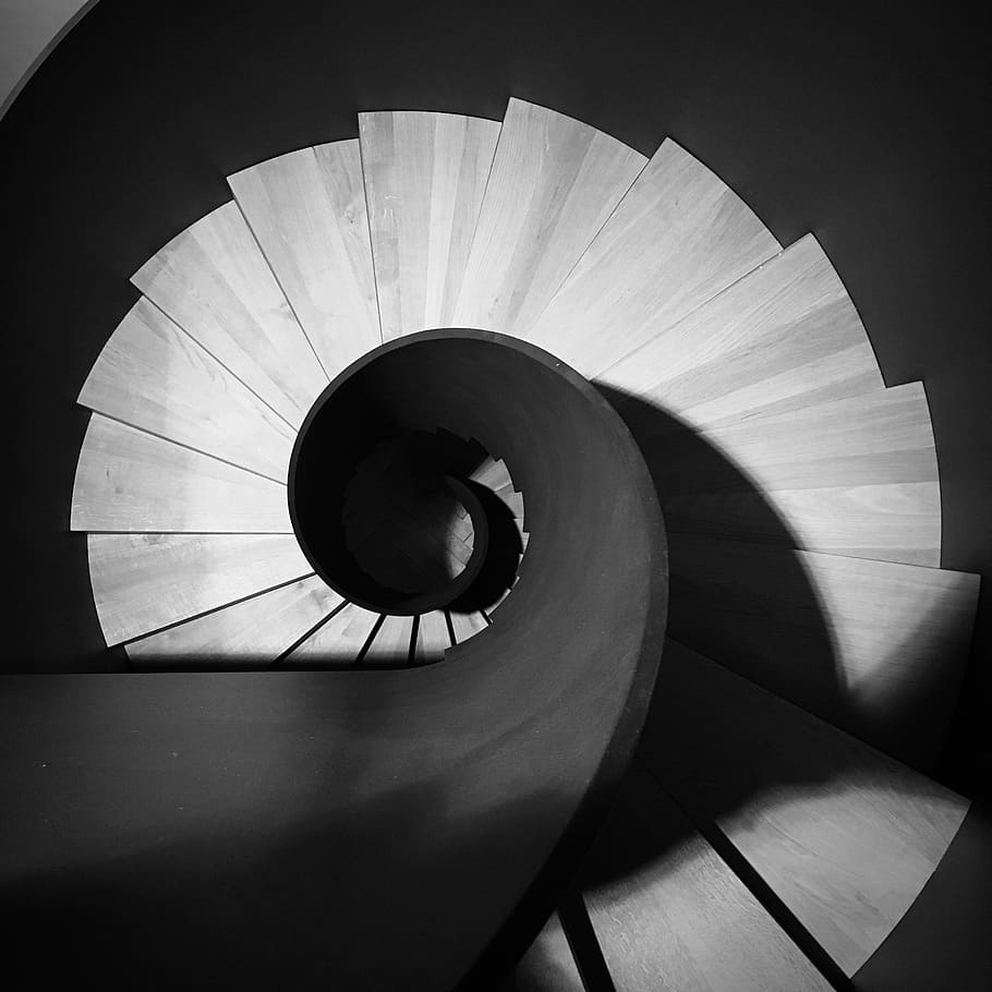 grayscale photo of spiral stairs, black and white, architecture