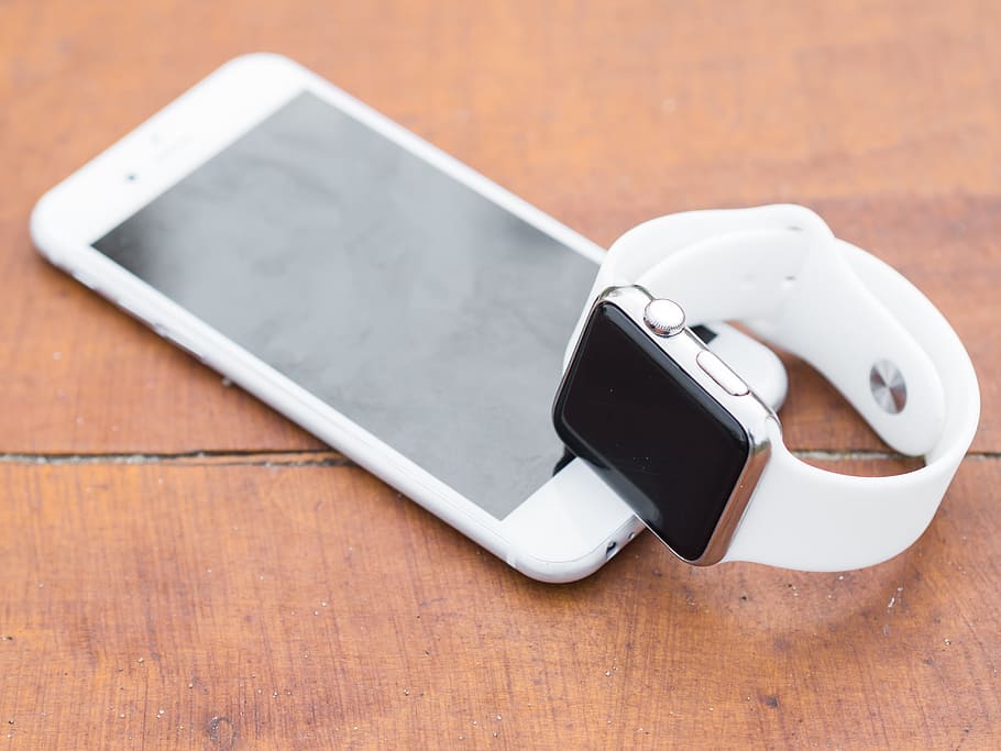 gold aluminum case Apple Watch on top of silver iPhone 6, iwatch, HD wallpaper