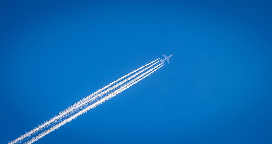 white plane with smoke trail, contrails, airplane, blue, sky