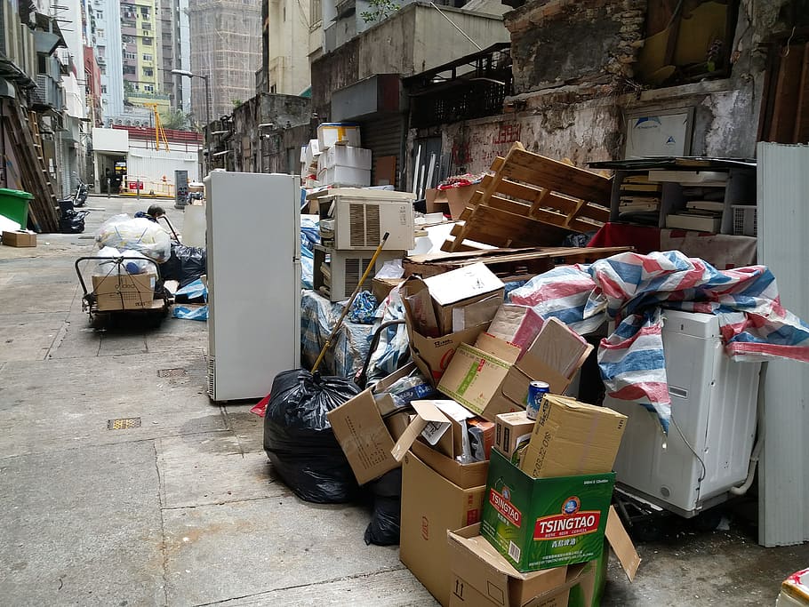 boxes, backstreet, wall, garbage, container, large group of objects HD wallpaper