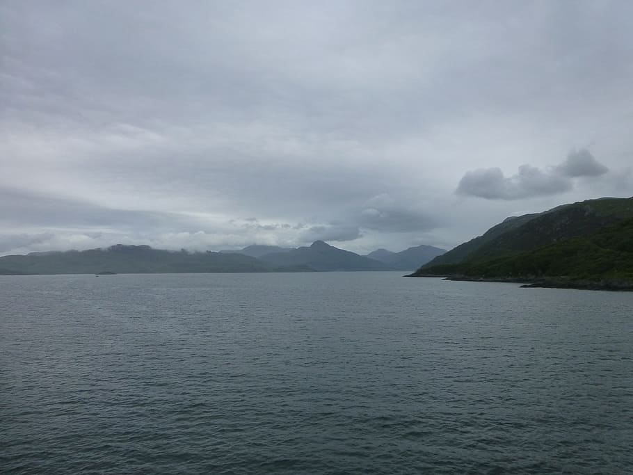 sea, dark clouds, landscape, beauty in nature, mountain, water HD wallpaper