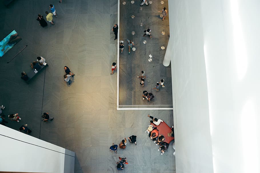 high angle view of people walking inside building, architecture HD wallpaper