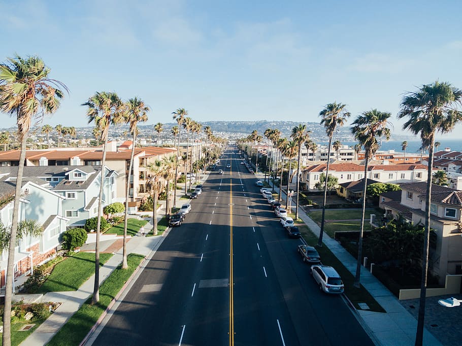 aerial photography of street, two gray asphalt roads, town, building HD wallpaper
