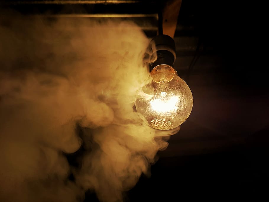 smoke near light bulb, incandescent bulb surrounded by smoke HD wallpaper