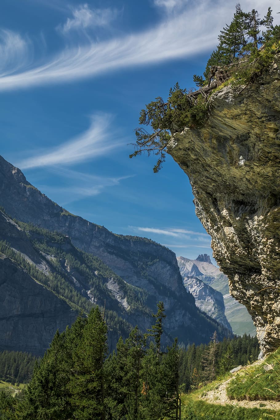 rock, mountains, trail, trees, hike, lake oeschinen, switzerland HD wallpaper