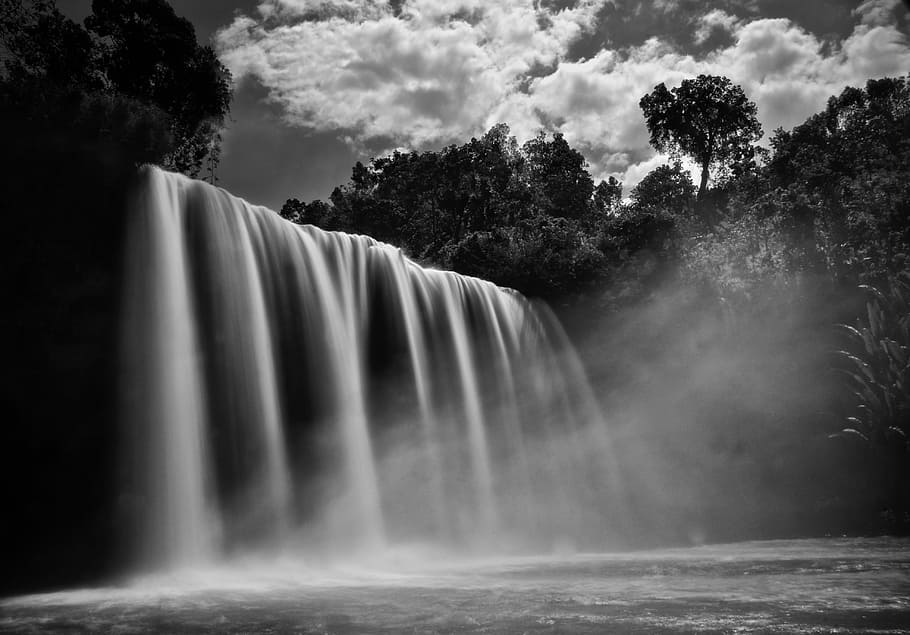 grayscale photography of waterfalls, grayscale photo of waterfall HD wallpaper