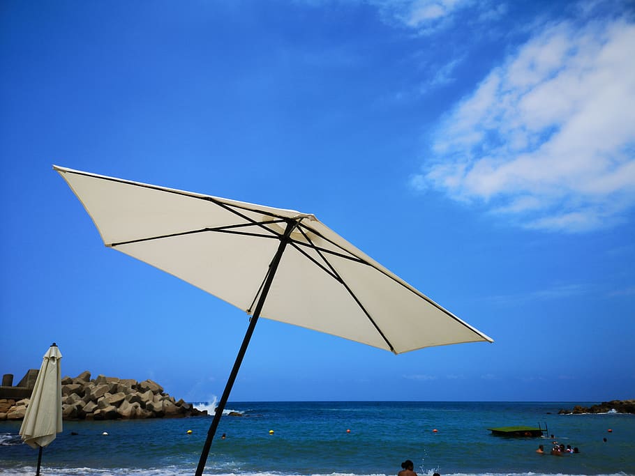 umbrella, sky, sea, cloud, water, blue, nature, no people, protection HD wallpaper