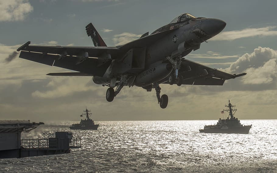 gray fighter jet flight, aircraft, takeoff, aircraft carrier