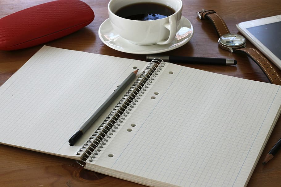 gray pencil on graphing notebook, coffee, table, spiral notebook HD wallpaper