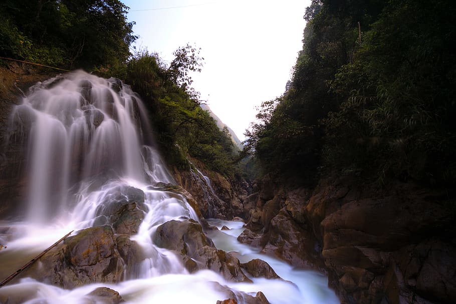 falls surrounded by trees, the waterfall, forest, streams, scenery HD wallpaper