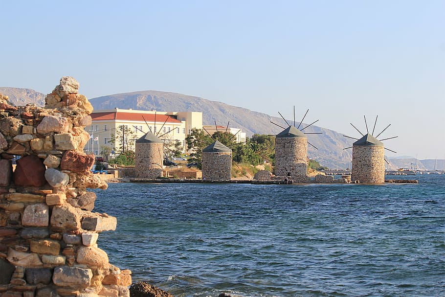 chios, greece, windmill, sea, marina, ruins, holidays, travel, HD wallpaper