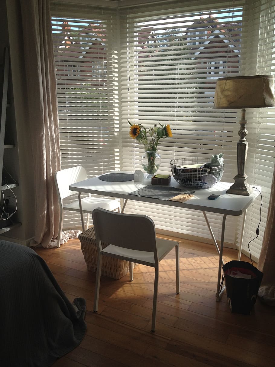 Table, Desk, Interior, indoors, chair, window, blinds, bowl HD wallpaper