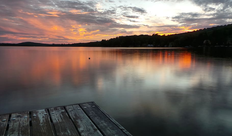lake, water, dark, clouds, sky, sunset, sunrise, wood, trees HD wallpaper