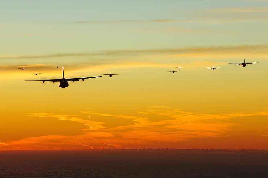 assorted aircrafts, sky, clouds, planes, jets, sunset, beautiful HD wallpaper