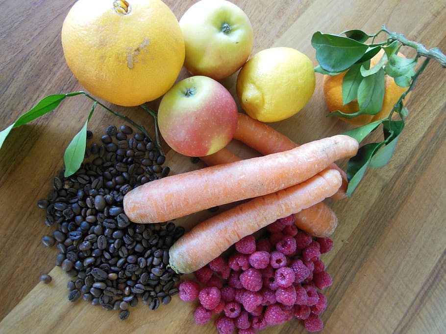 apple, carrots, coffee, vegetables, fruits, food and drink HD wallpaper