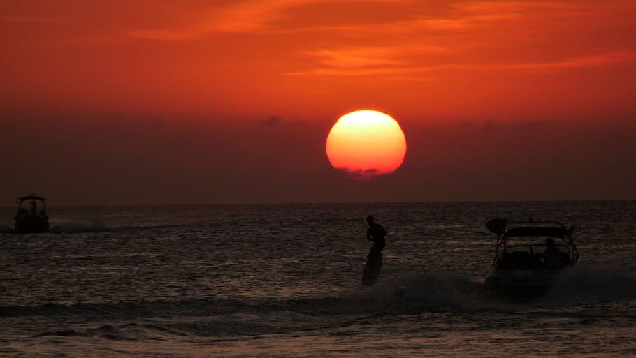 Sunset, Sea, silhouette, beach, nature, people, dusk, water HD wallpaper