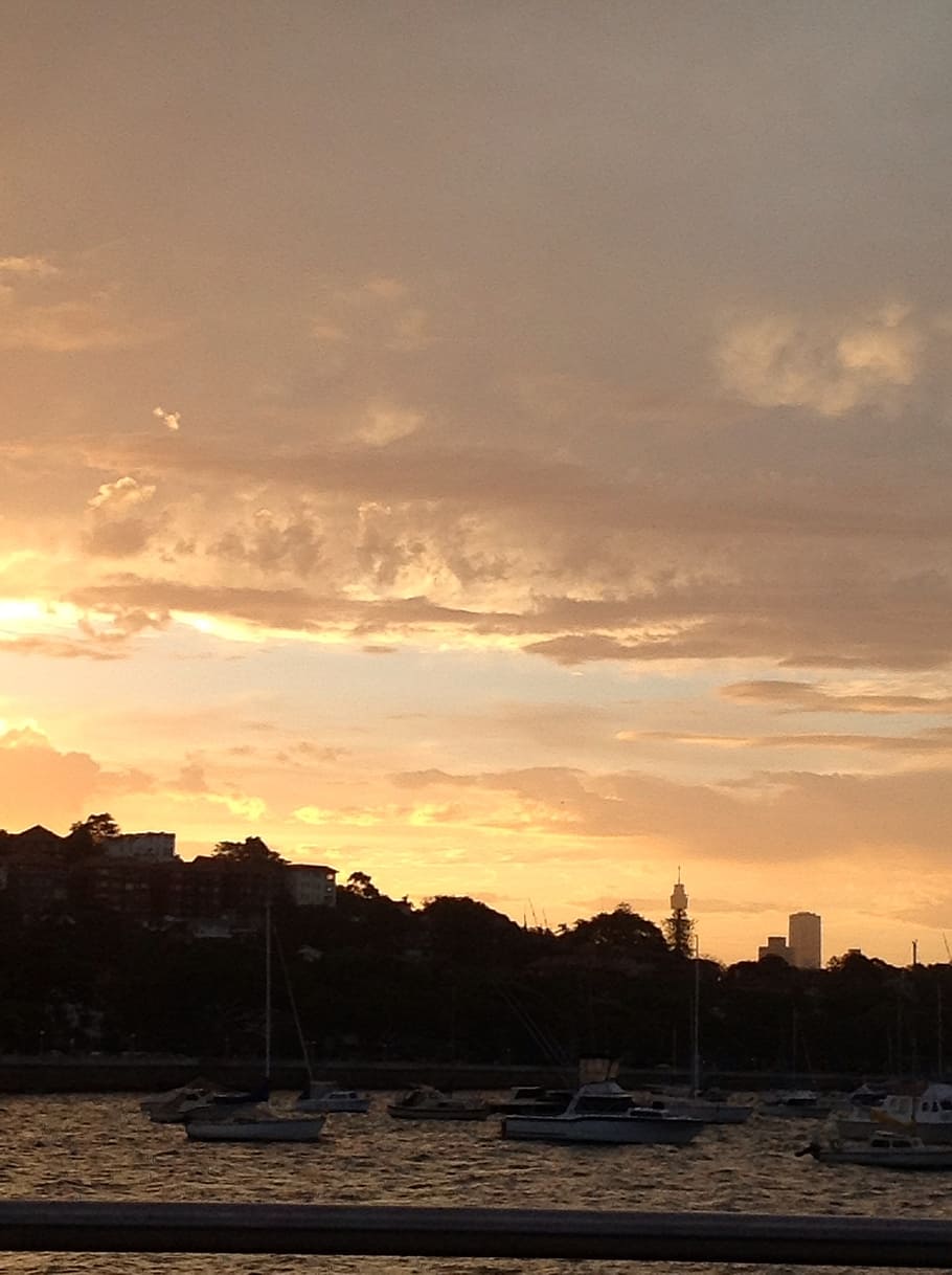 sydney, sky, sunset, harbour, clouds, water, evening, rays HD wallpaper