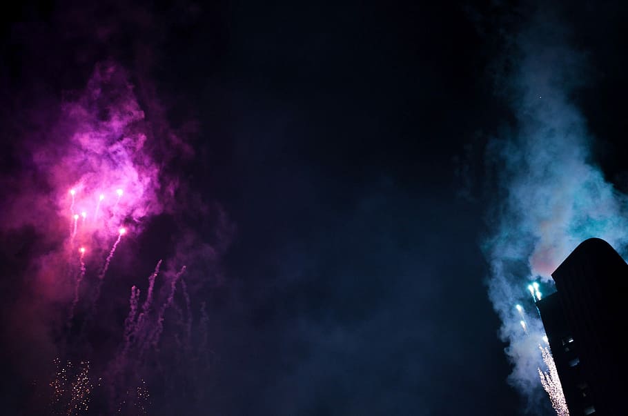 fireworks, red, blue, smoke, night, sky, lights, entertainment HD wallpaper