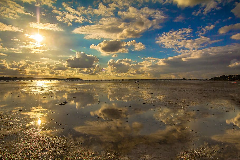 body of water during sunset, low tide, reflection, sea, poole HD wallpaper