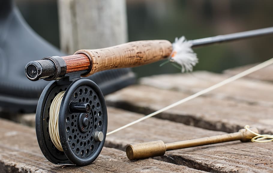 brown fishing rod with black reel, fly fishing, angling, hobby, HD wallpaper