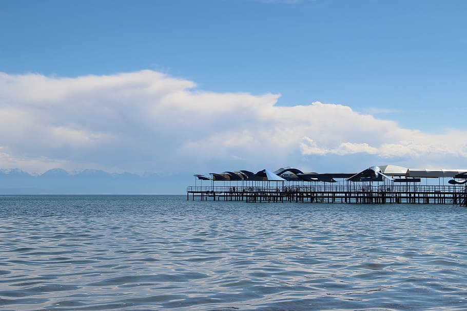 issyk kul, pierce, clouds, water, sky, architecture, cloud - sky HD wallpaper