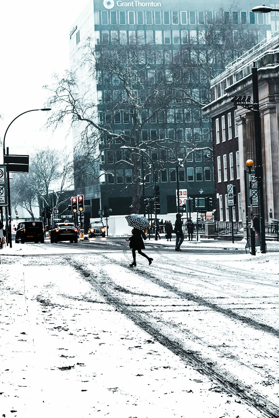 person running on road holding umbrella near vehicles at daytime, woman in black coat under black umbrella HD wallpaper