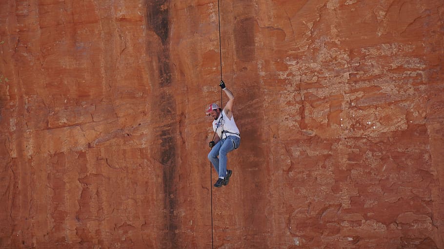 Climbing, Mountaineer, cliff, red, mountains, nature, tourism HD wallpaper