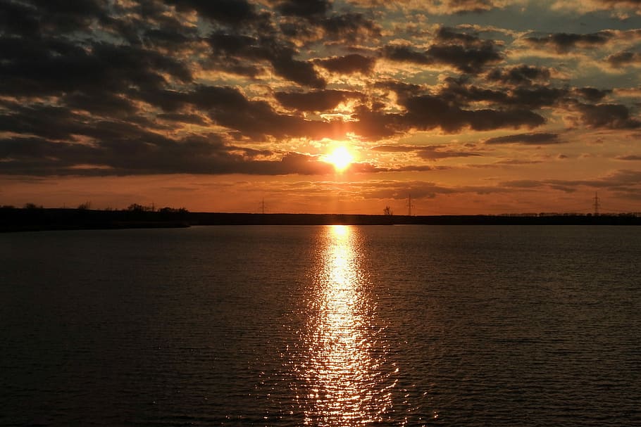 Sunset, Clouds, Lake, Evening, Sky, evening sky, afterglow HD wallpaper