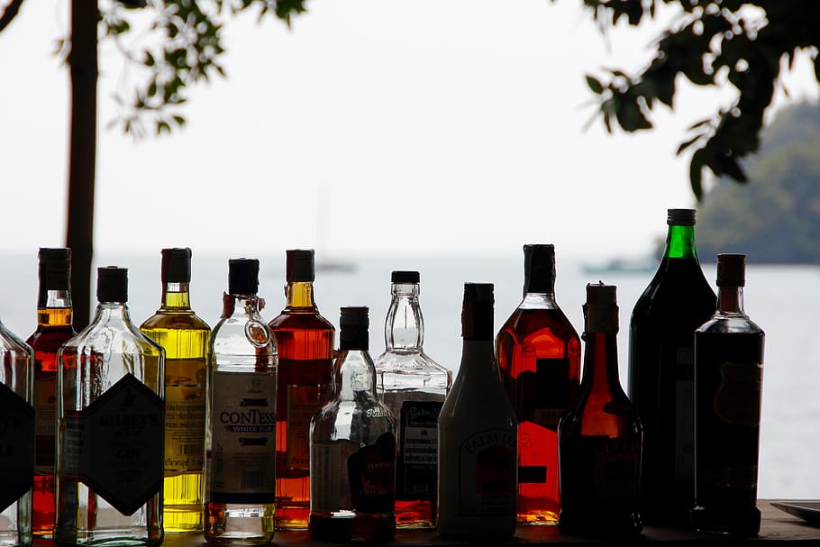liquor bottles on table, Alcohol, Counter, Bar, alcoholic, brandy, HD wallpaper