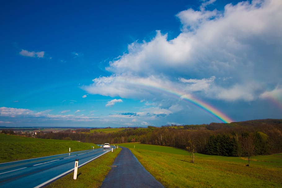 rainbow, landscape, sky, nature, double rainbow, clouds, blue HD wallpaper
