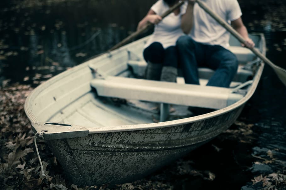 man and woman on boat, lake, leaves, macro, outdoors, people HD wallpaper