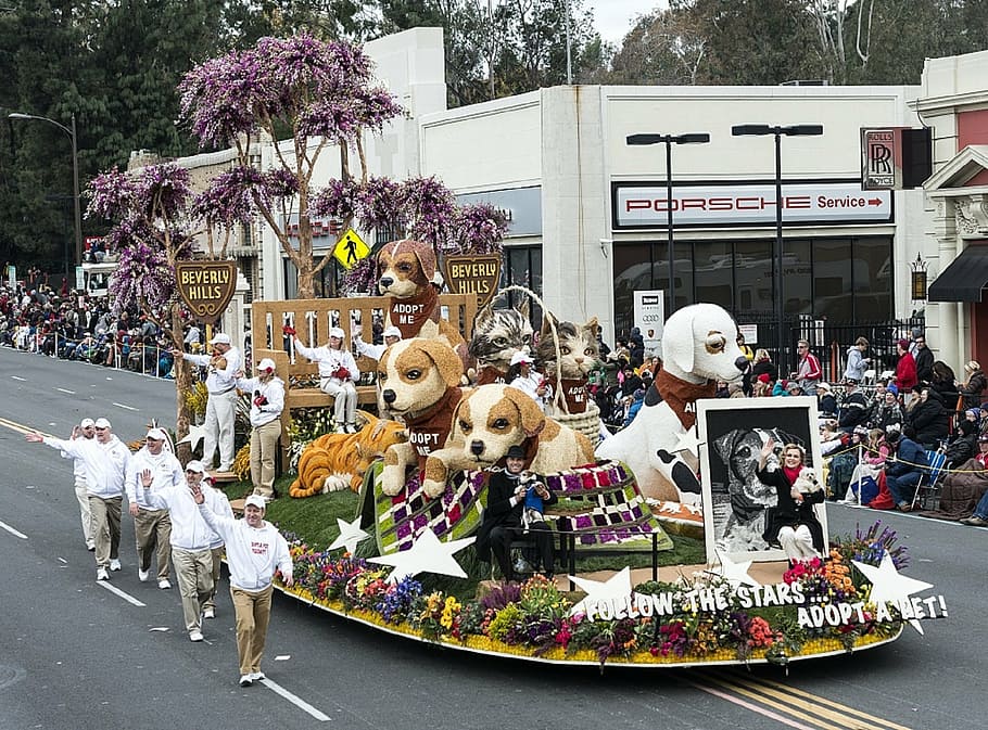 parade, float, dogs, floral, rose parade, street, colorful HD wallpaper