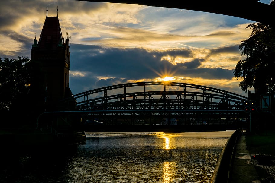 Sunset, Lübeck, Evening Sun, Romantic, baltic sea, tower, bridge HD wallpaper