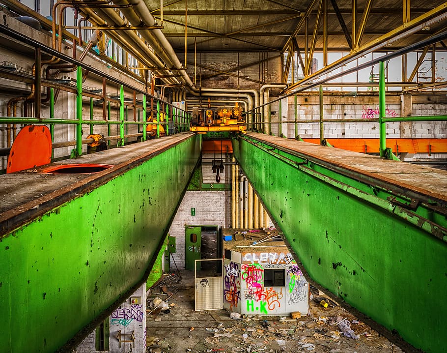 green steel fence, lost places, industry, crane, hall, top HD wallpaper