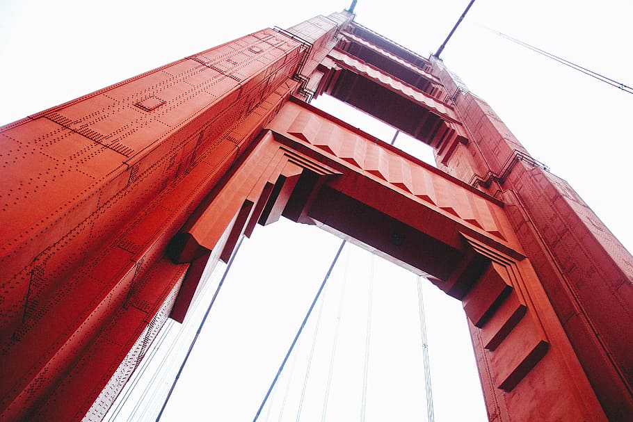 low angle photo of red suspension bridge, low angle photography of Golden Gate Bridge HD wallpaper
