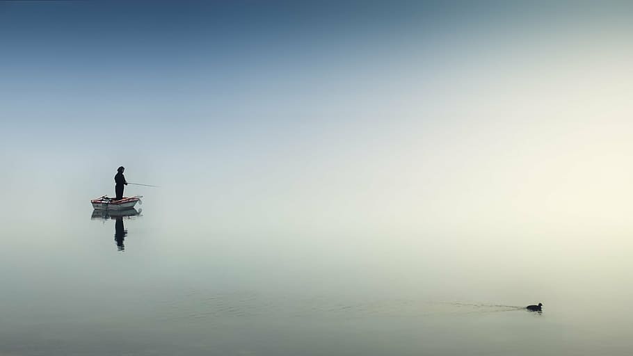 man fishing in boat during daytime, sea, ocean, water, nature HD wallpaper