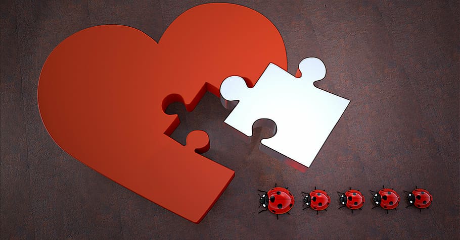 red and white puzzle heart illustration, lucky ladybug, joining together, HD wallpaper