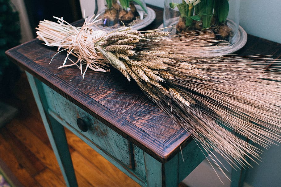 brown plant on table, wheat, cereals, countryside, bunch, dried HD wallpaper