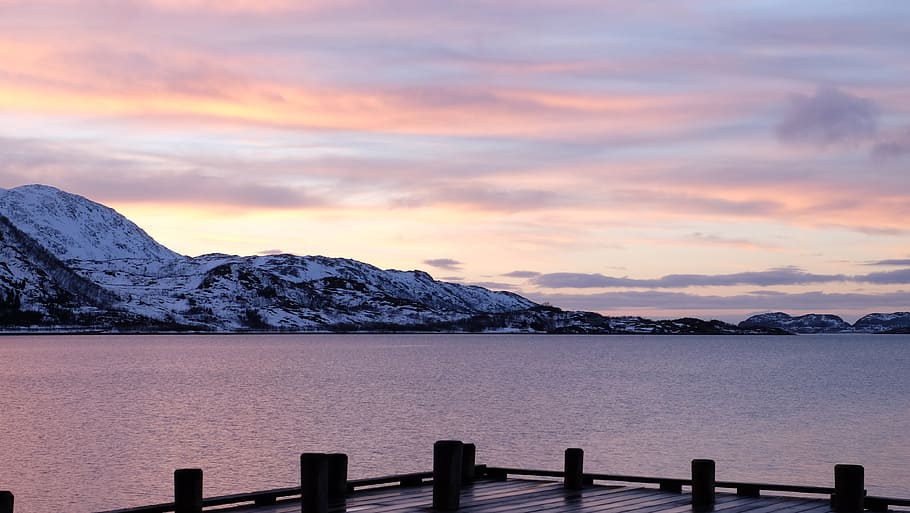 evening, sky, landscape, lake, winter, lauklines kystferie HD wallpaper