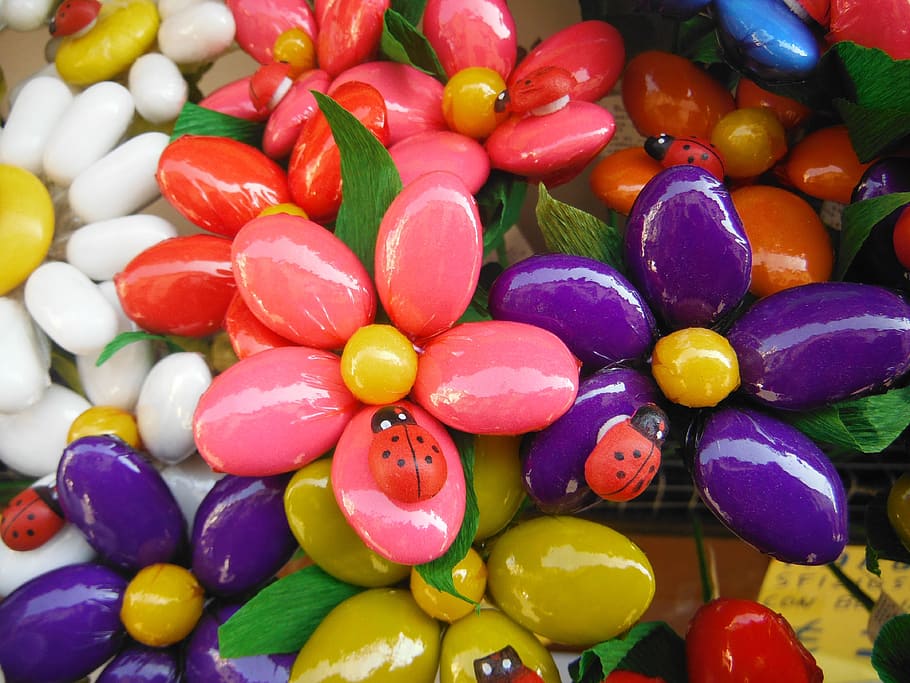 assorted-color artificial flowers, Candy, Confectionery, Ladybug HD wallpaper
